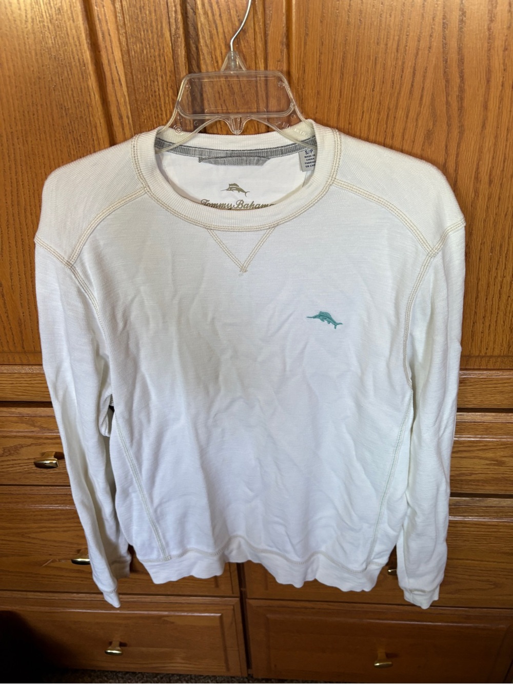 Tommy Bahama Cream Crewneck Sweatshirt with Teal Marlin Emblem